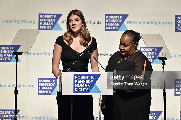 Michaela Kennedy Cuomo and Nancy Dorsinville speak onstage as Robert F. Kennedy Human Rights hosts The 2015 Ripple Of Hope Awards honoring...