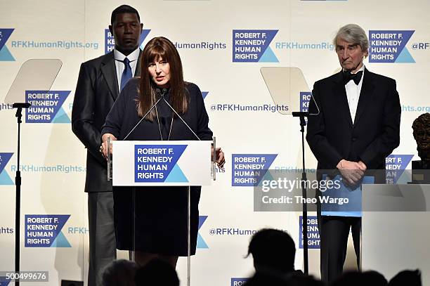 Actors Dennis Haysbert, Catherine Keener, and Sam Waterston speak onstage as Robert F. Kennedy Human Rights hosts The 2015 Ripple Of Hope Awards...