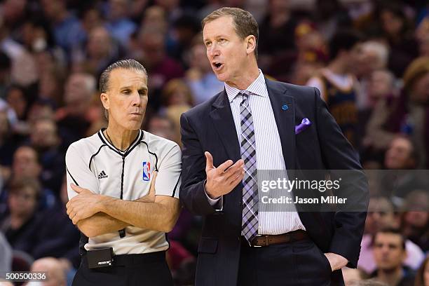 Referee Ken Mauer listens to head coach Terry Stotts of the Portland Trail Blazers during the second half against the Cleveland Cavaliers at Quicken...