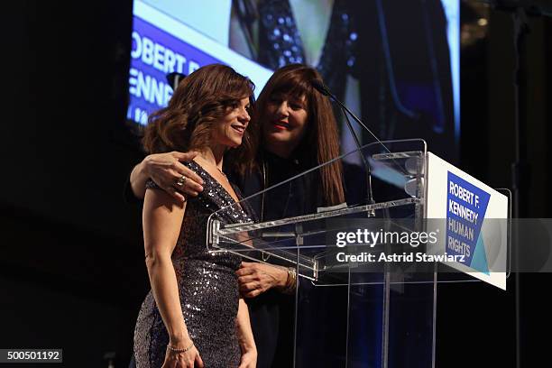 Karen Sklaire and actress Catherine Keener speak onstage as Robert F. Kennedy Human Rights hosts The 2015 Ripple Of Hope Awards honoring Congressman...