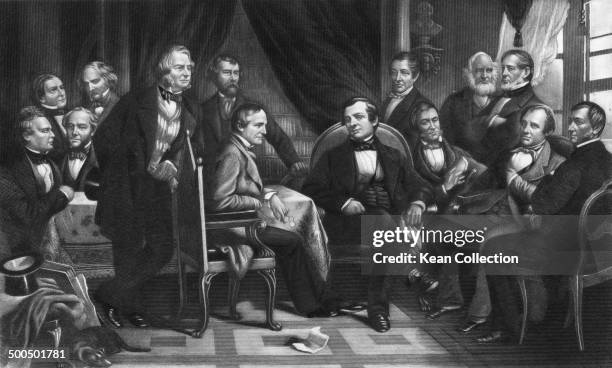 American author, biographer, historian, and diplomat Washington Irving with literary friends, circa 1830. L - R; Oliver Wendell Holmes, Sr., William...