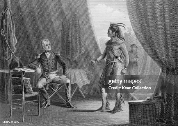 Seventh President of the United States Andrew Jackson talks with Muscogee Chief William Weatherford circa 1815. From an engraving by W. Ridgway after...