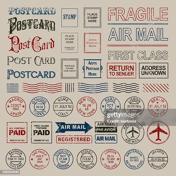 vintage briefmarken und poststempel briefmarken set - postcards stock-grafiken, -clipart, -cartoons und -symbole