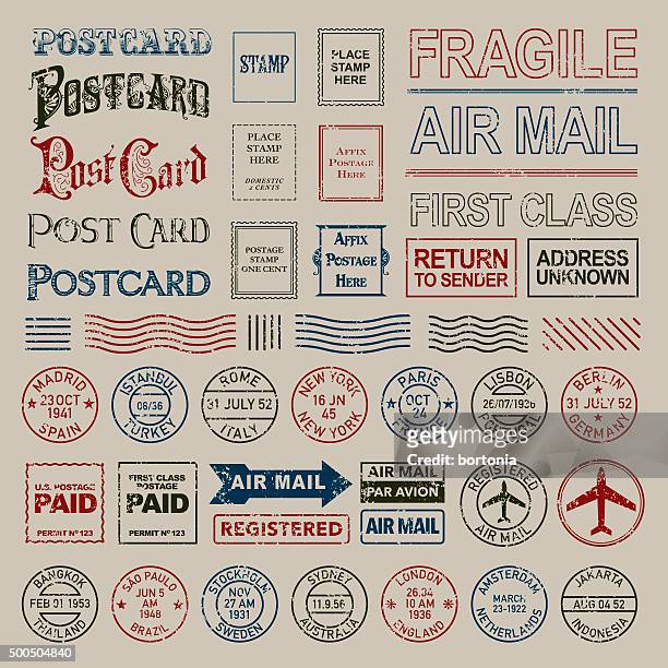 illustrazioni stock, clip art, cartoni animati e icone di tendenza di vintage set di timbro postale e francobolli postali - cartolina postale