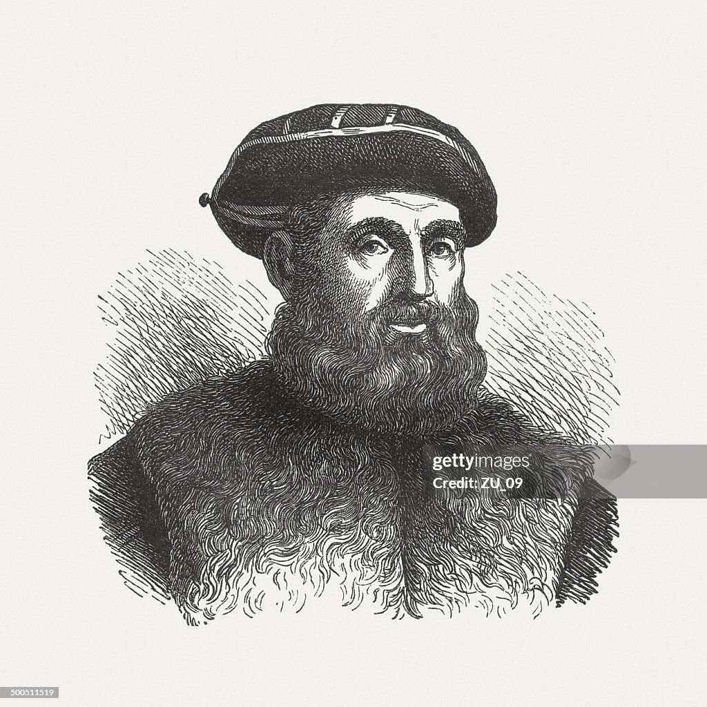 Ferdinand Magellan (1480-1521), Portuguese navigator, wood engraving, published in 1880