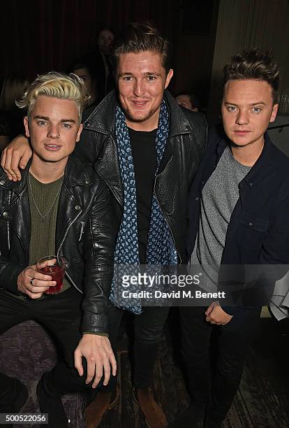 Guest, guest and Conor Maynard attend the Ibiza Rocks the Box Christmas Party at The Box Soho on December 8, 2015 in London, England.