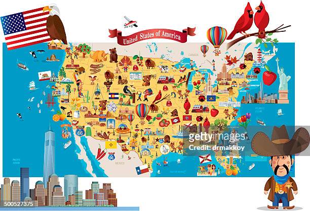 cartoon map of usa - famous place stock illustrations