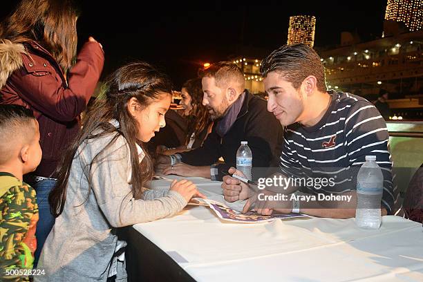 Jessica Marie Garcia, Kurt Long and Shak Ghacha of Disney's 'Liv And Maddie' visit The Queen Mary's CHILL at Queen Mary Beach on December 8, 2015 in...