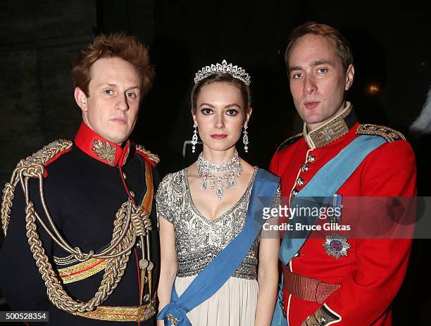 Richard Goulding as "Prince Harry", Lydia Wilson as "Kate Middleton" and Oliver Chris as "Prince William" pose backstage at the hit play "King...