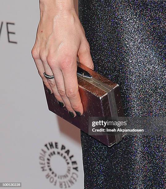 Actress Katie Aselton, clutch detail, attends PaleyLive's 'The League: A Fond Farewell' at The Paley Center for Media on December 8, 2015 in Beverly...