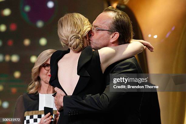 Hugo Weaving congratulates Cate Blanchett on winning the AACTA Longford Lyell Award during the 5th AACTA Awards Presented by Presto at The Star on...