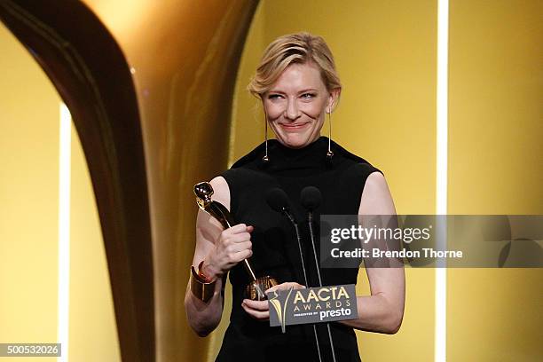 Cate Blanchett wins the AACTA Longford Lyell Award during the 5th AACTA Awards Presented by Presto at The Star on December 9, 2015 in Sydney,...