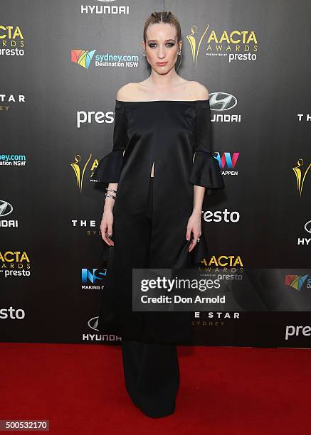 Sophie Lowe poses on the red carpet for the 5th AACTA Awards at The Star on December 9, 2015 in Sydney, Australia.