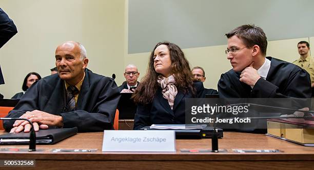 Beate Zschaepe, the main defendant in the NSU neo-Nazi murder trial and her lawyers Mathias Grasel and Hermann Borchert wait for day 249 of the trial...