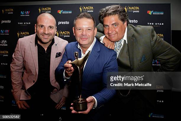 George Calombaris, Gary Mehigan and Matt Preston pose win the AACTA for Best Reality Television Series during the 5th AACTA Awards Presented by...