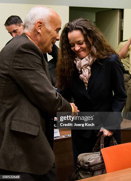 Beate Zschaepe, the main defendant in the NSU neo-Nazi murder trial greets her lawyer Hermann Borchert for day 249 of the trial at the...