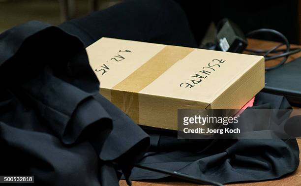 Box which may contain the testimony of Beate Zschaepe, the main defendant in the NSU neo-Nazi murder trial, sits on a desk just before the start of...
