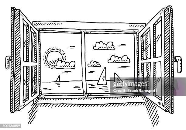 open window looking to the sea drawing - glass window stock illustrations