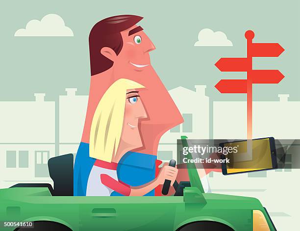 couple driving - couple travel tablet stock illustrations