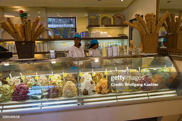 Italian gelato store display in Siena, Tuscany, central Italy.