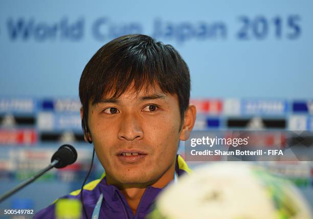 Toshihiro Aoyama of Sanfrecce Hiroshima talks to the media during press conference at International Stadium Yokohama on December 9, 2015 in Yokohama,...