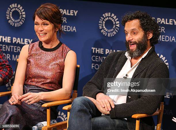 Actress Katie Aselton and actor Jason Mantzoukas speak onstage during a Q&A at PaleyLive's 'The League: A Fond Farewell' at The Paley Center for...