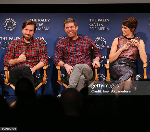 Actors Jon Lajoie, Stephen Rannazzisi, and Katie Aselton speak onstage during a Q&A at PaleyLive's 'The League: A Fond Farewell' at The Paley Center...