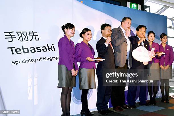 Low cost carrier HK Express CEO Andrew Cowen and Nagoya City Mayor Takashi Kawamura attend their Hong Kong-Nagoya Aircraft nickname unveiling...