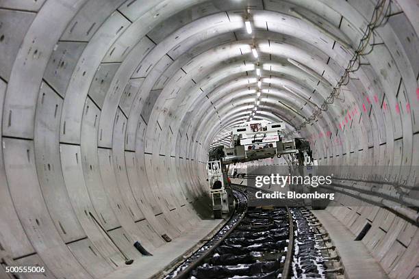 Multi purpose gantry vehicle stands in the Crossrail Thames tunnel in London, U.K., on Tuesday, Dec. 8, 2015. Crossrail, the U.K. Government project...