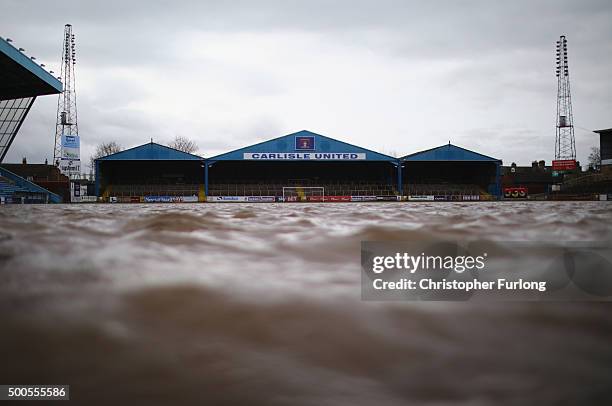 The pitch at Carlisle Football Club is still partly submerged after flooding created by Storm Desmond on December 9, 2015 in Carlisle, United...