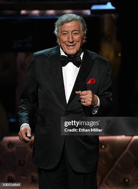 Singer Tony Bennett performs during "Sinatra 100: An All-Star GRAMMY Concert" celebrating the late Frank Sinatra's 100th birthday at the Encore...