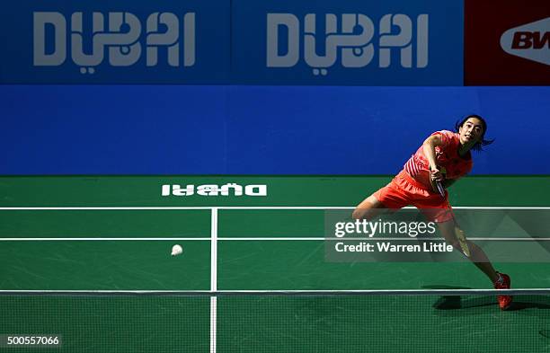 Shixian Wang of China in action against Yihan Wang of China in the Women's Singles match during day one of the BWF Dubai World Superseries 2015...