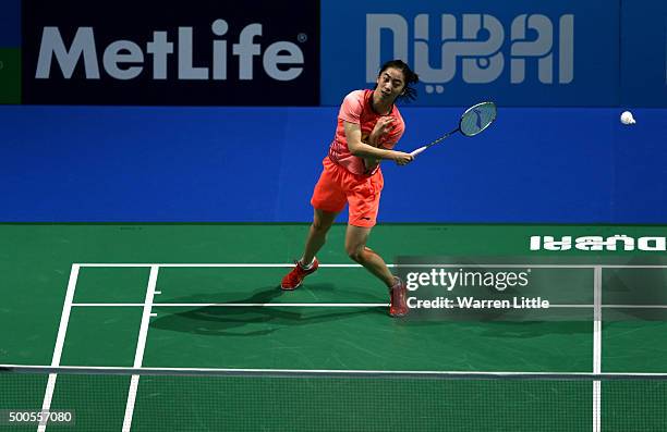 Shixian Wang of China in action against Yihan Wang of China in the Women's Singles match during day one of the BWF Dubai World Superseries 2015...