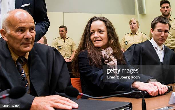 Beate Zschaepe, the main defendant in the NSU neo-Nazi murder trial, waits with her lawyers Mathias Grasel and Hermann Borchert for day 249 of the...