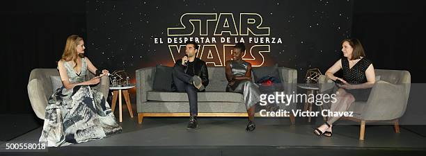 Linda Cruz, actor Oscar Isaac, actress Lupita Nyong'o and film producer Kathleen Kennedy speak to the fans during the "Star Wars: The Force Awakens"...