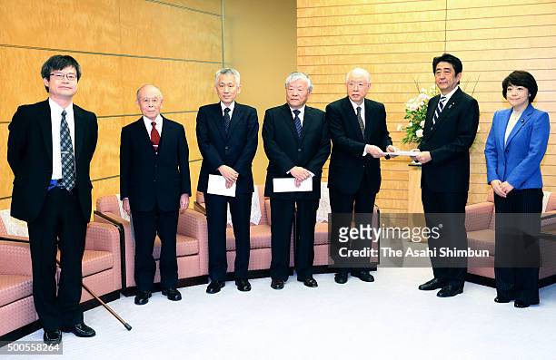 Nobel Prize laureates Hiroshi Amano, Isamu Akasaki, Koichi Tanaka, Susumu Tonegawa, Ryoji Noyori, Prime Minister Shinzo Abe and state minister for...