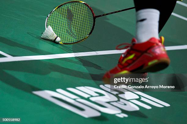 Detail of Chen Long of China in action in the men's single match against Tian Houwei of China during day one of the BWF Dubai World Superseries 2015...