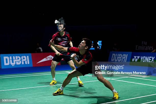 Lee Yong Dae and Yoo Yeon Seong of Korea in action in the men's doubles match against Fu Haifeng and Zhang Nan of China during day one of the BWF...