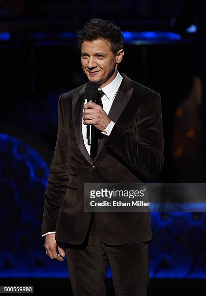 Actor Jeremy Renner speaks during "Sinatra 100: An All-Star GRAMMY Concert" celebrating the late Frank Sinatra's 100th birthday at the Encore Theater...