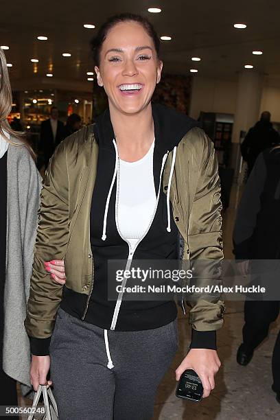 Queen of the Jungle Vicky Pattison seen arriving at Heathrow Airport after winning 'I'm A Celebrity...Get Me Out Of Here!' on December 9, 2015 in...