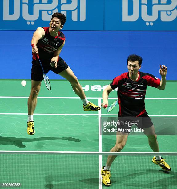 Yong Dae Lee and Yeon Seong Yoo of Korea play Haifeng Fu and Nan Zhang of China in the Men's Doubles match during day one of the BWF Dubai World...