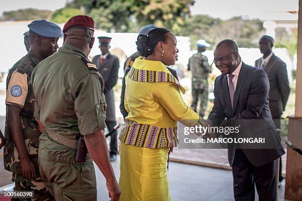 Central African Republic transitional President Catherine Samba Panza arrives at the Ledger hotel in Bangui on December 9, 2015 for the signing of a...