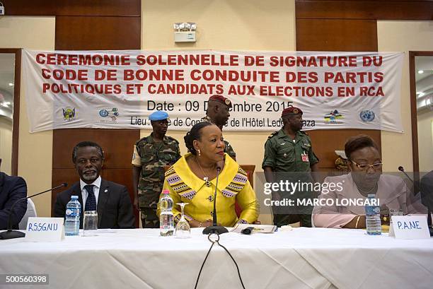 Central African Republic transitional President Catherine Samba Panza arrives at the Ledger hotel in Bangui on December 9, 2015 for the signing of a...