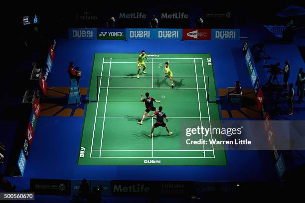 Haifeng Fu and Nan Zhang of China in action against Yong Dae Lee and Yeon Seong Yoo of Korea in the Men's Doubles match during day one of the BWF...