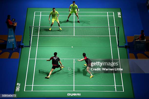 Haifeng Fu and Nan Zhang of China in action against Yong Dae Lee and Yeon Seong Yoo of Korea in the Men's Doubles match during day one of the BWF...