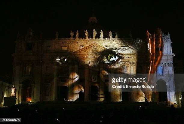 Images are projected onto the walls of St Peter's Basilica during a light Installation at St. Peter's Square on December 8, 2015 in Vatican City,...