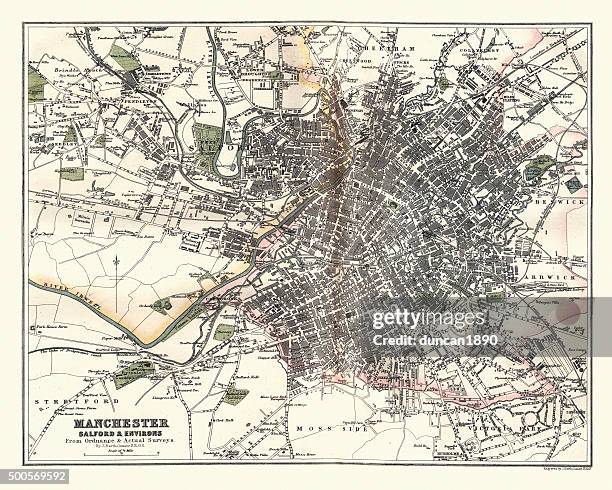 illustrations, cliparts, dessins animés et icônes de carte antique de manchester, salfiord et dans les environs, en angleterre, 1880 - greater manchester