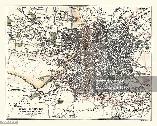 antique map of manchester, salfiord and environs, england, 1880 - manchester england stock illustrations