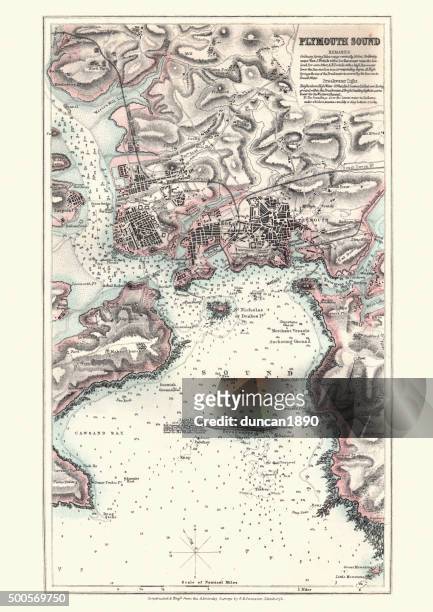 antique map of plymouth, england, 1880 - estuary stock illustrations