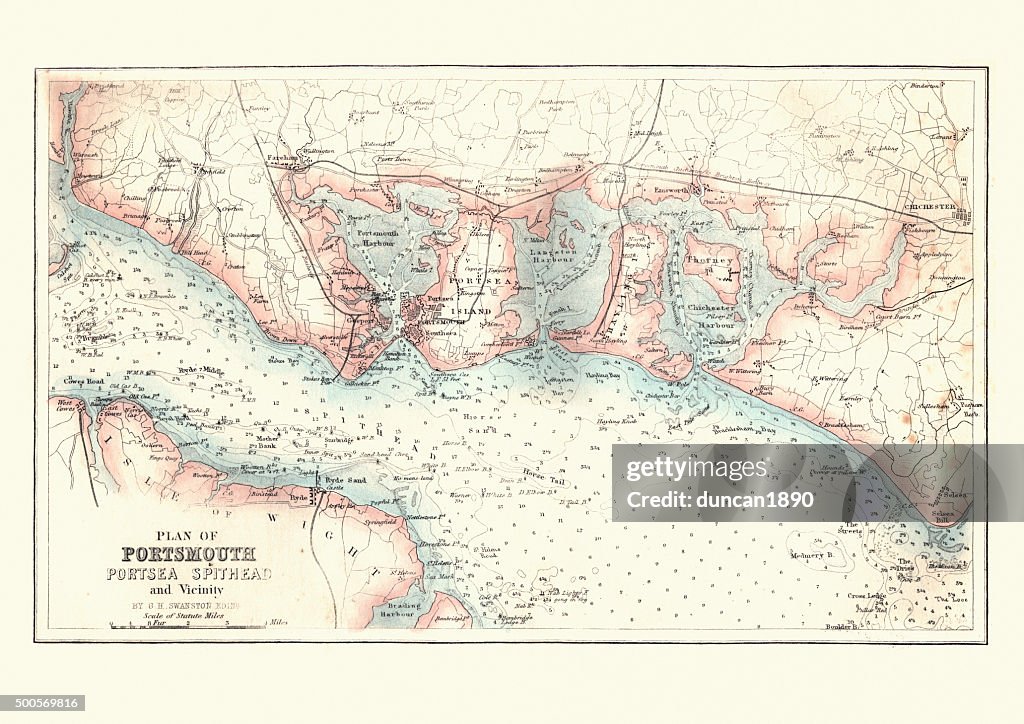 Antique Map of Portsmouth, Portsea and Spithead, England, 1880